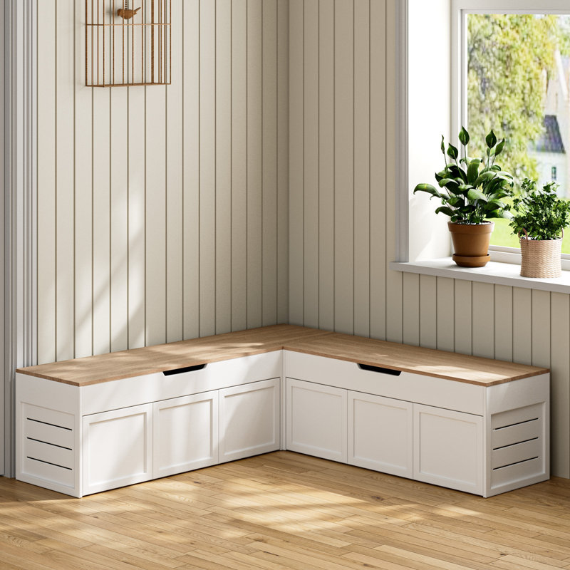 L-Shaped Corner Shoe Bench With Large Capacity Storage & Optional Cushions in Multiple Colors, Natural