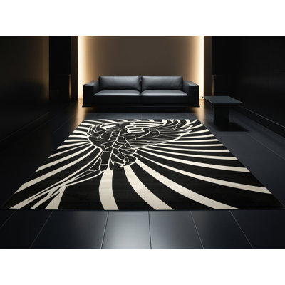 Soft Plush Aidyn Phoenix Art Deco Arc Area Rug in Black – Black Binding