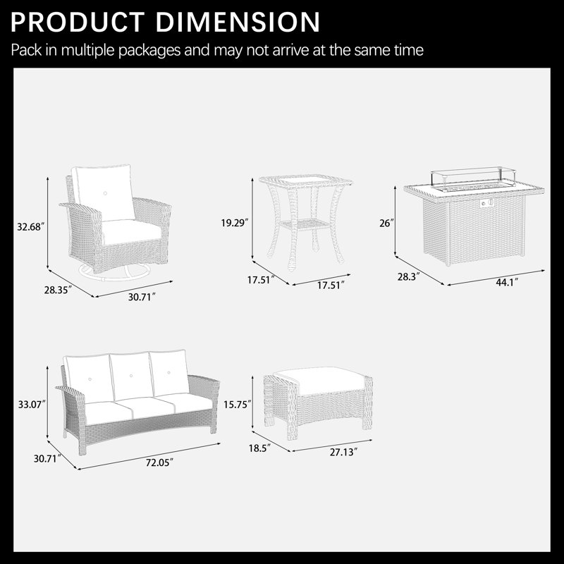 Lark Manor™ 7 Piece Wicker Patio Furniture Set with Fire Pit Table, Classis Outdoor Conversation 360 Degree Swivel Chairs Set with Coffee Table