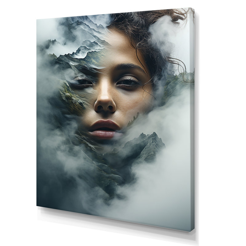 Double exposition «Woman and Mountain Echoes I» - art mural femme, Toile tendue, H 32 po x l 16 po