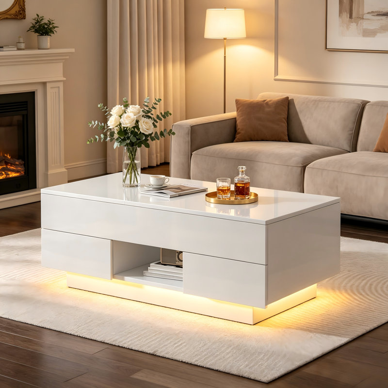White High Gloss Lift Top Coffee Table With LED Lights and 2 Drawers For Living Room, White / Does Not Apply, White