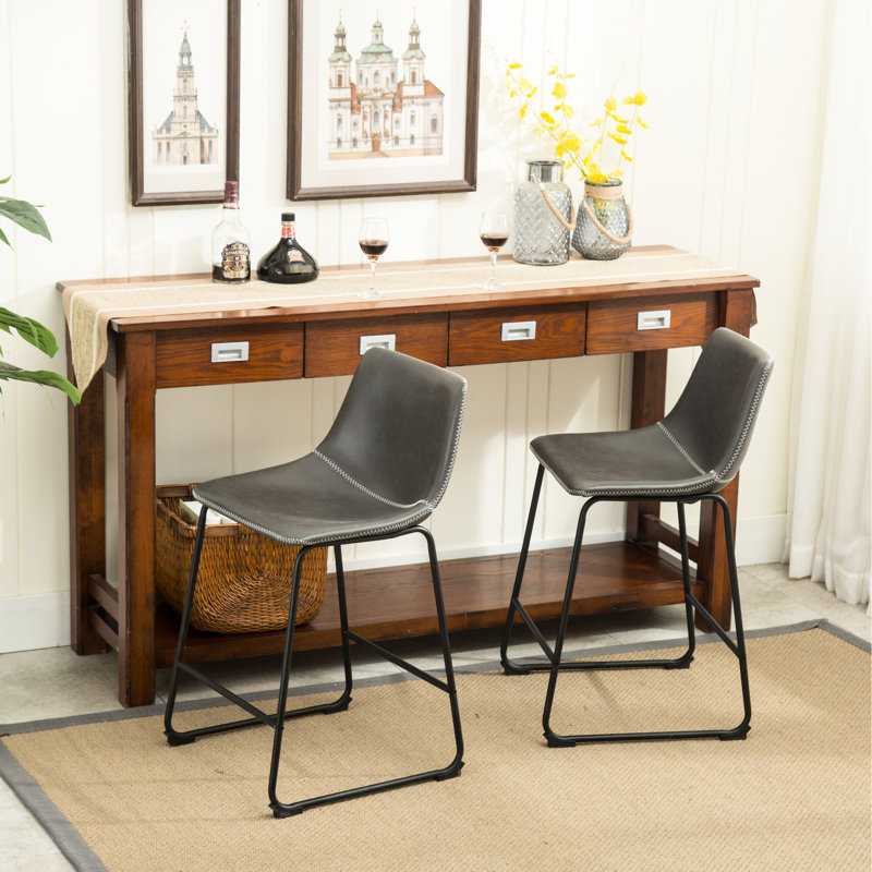 2 tabourets de comptoir en gris antique, en cuir de polyuréthane rétro, rembourrés de chaises de salle à manger en métal fabriquées à la main avec des sièges moulés en plastique, structure en fer noir résilient, l 18,5 po x P 21,5 po, H 34,5 po