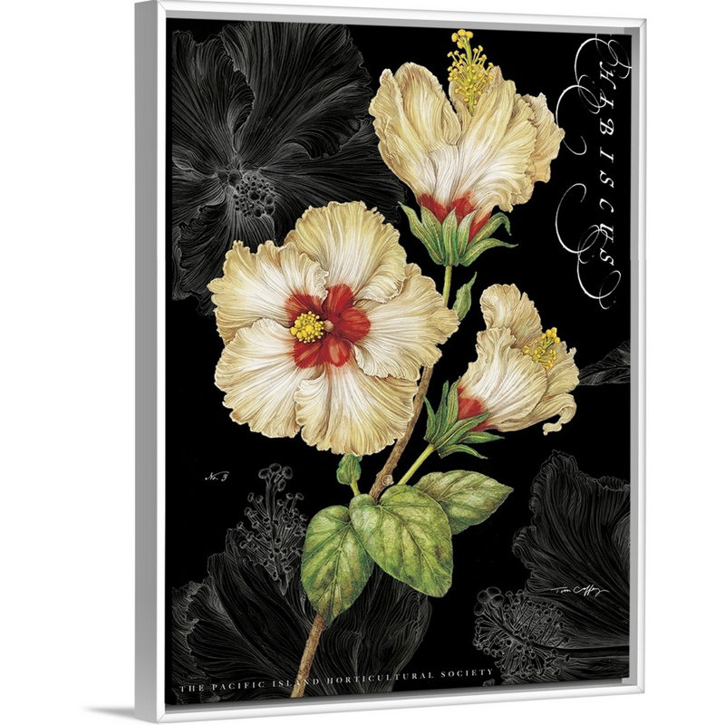 Hibiscus jaune sur toile noire, art mural, Toile avec cadre blanc, H 16 po x l 12 po x P 1,75 po