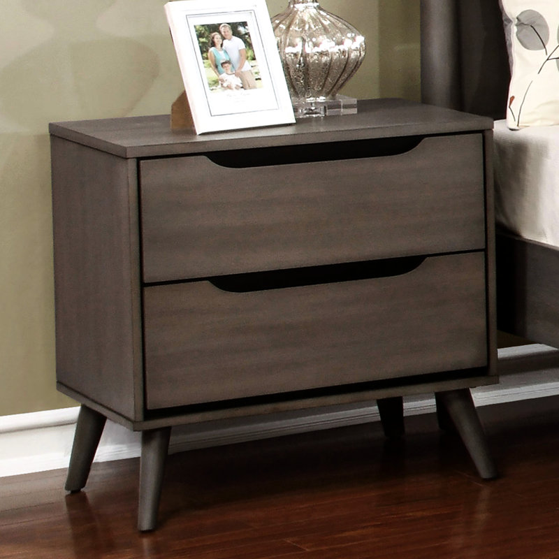 Table de chevet de style Mid-Century moderne en bois massif gris avec 2 tiroirs Mystique