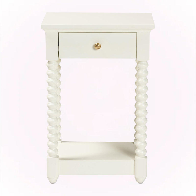 Crispis 1-Drawer Nightstand with Bobbin Legs with Storage Shelf in White, White
