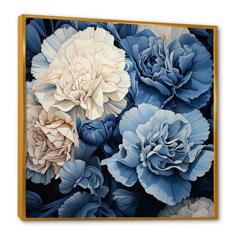 " White Blue Carnations Arrangement VI ", 30" H x 30" W x 1" D, Gold Floater Frame