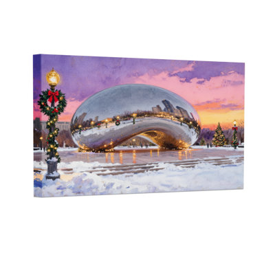 «Christmas Chicago Bean Christmas Snow Sunset Reflection», ensemble de 3 impressions sur toile