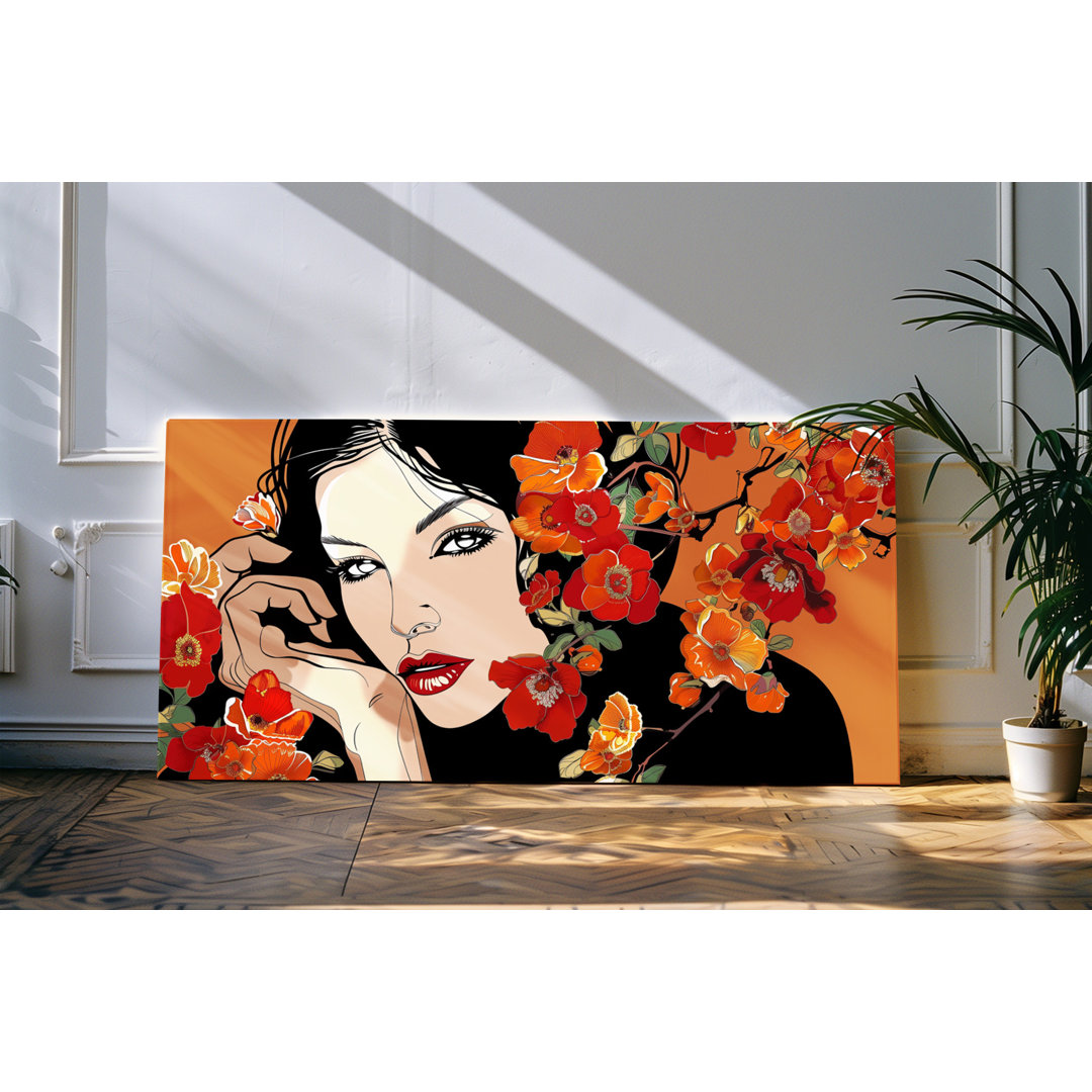 Wandbild 120x60cm Porträt einer jungen Frau Rot Blumen Blüten Kunstvoll