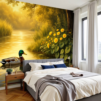 Papier peint pelez et collez, canard serein, baignade, soleil doré, fleurs jaunes, feuillage vert, peintures murales, papier peint amovible en PVC, H 100 po x l 144 po, pour salon, chambre, bureau à domicile