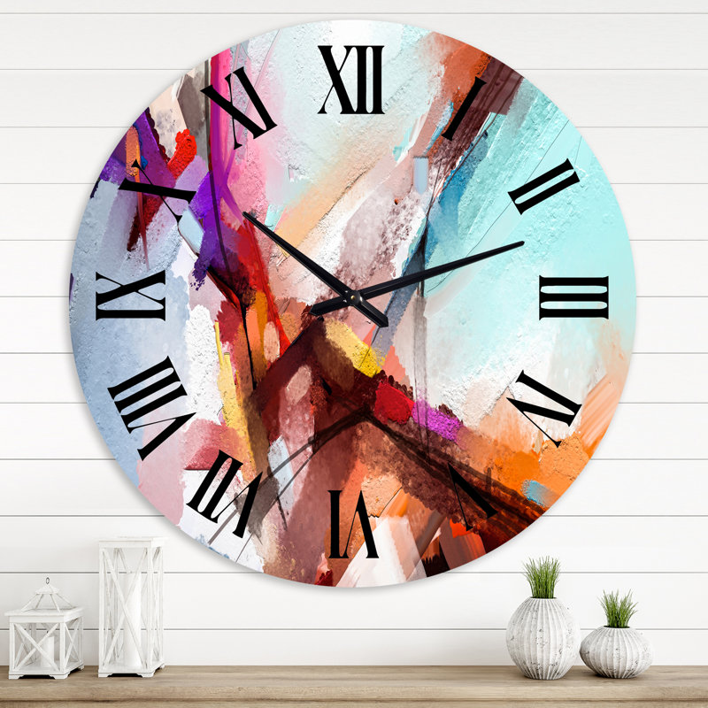 Coups de pinceau à l'huile en jaune et bleu - Horloge murale moderne, Moyen