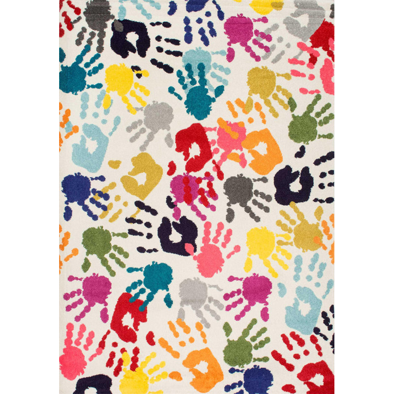 Devante Contemporary Hands Power Loom Performance White/ Multi Rug, Rectangle 9' x 12'