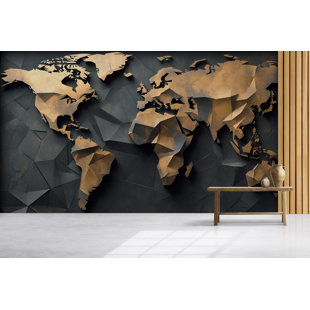 Modern Geometric 3D World Map Wallpaper – Abstract Textured Metallic Style, Luxurious Living Room And Office Wall Decor, Contemporary Interior Accent