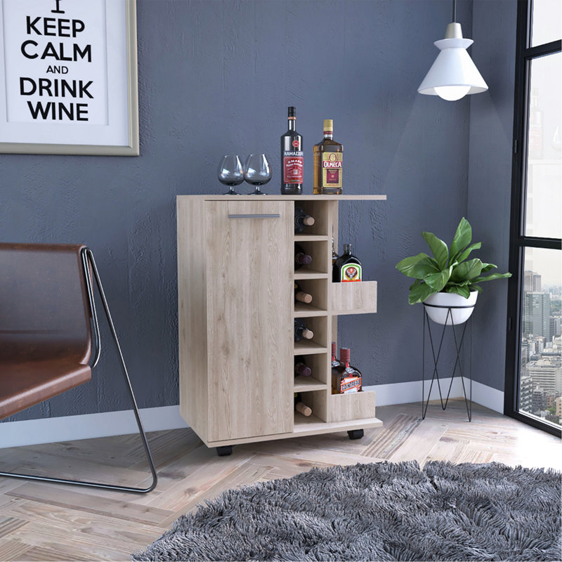 Chariot-bar, quatre roulettes, armoire à une porte, deux tablettes extérieures, Beige