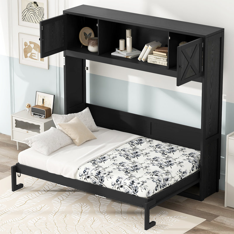 Full Size Murphy Bed With Storage, Black