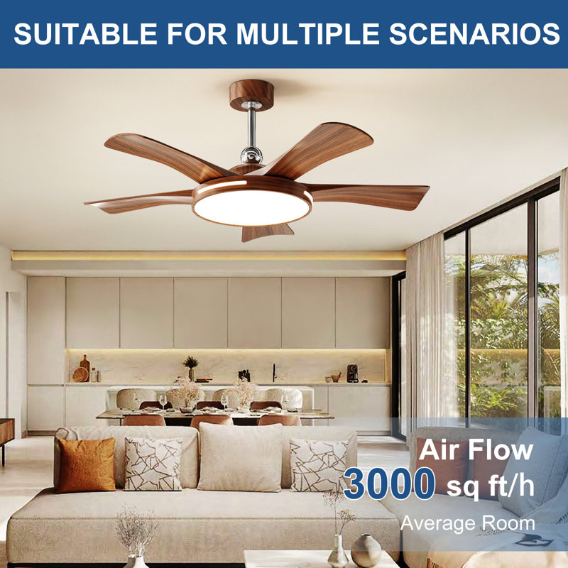 46" 5-Blade Walnut Modern Ceiling Fan with LED Light and Remote Control, 6-Speed,Reversible Airflow,Dimmable Lighting, Height Adjustable, Quiet for Living Room Bedroom
