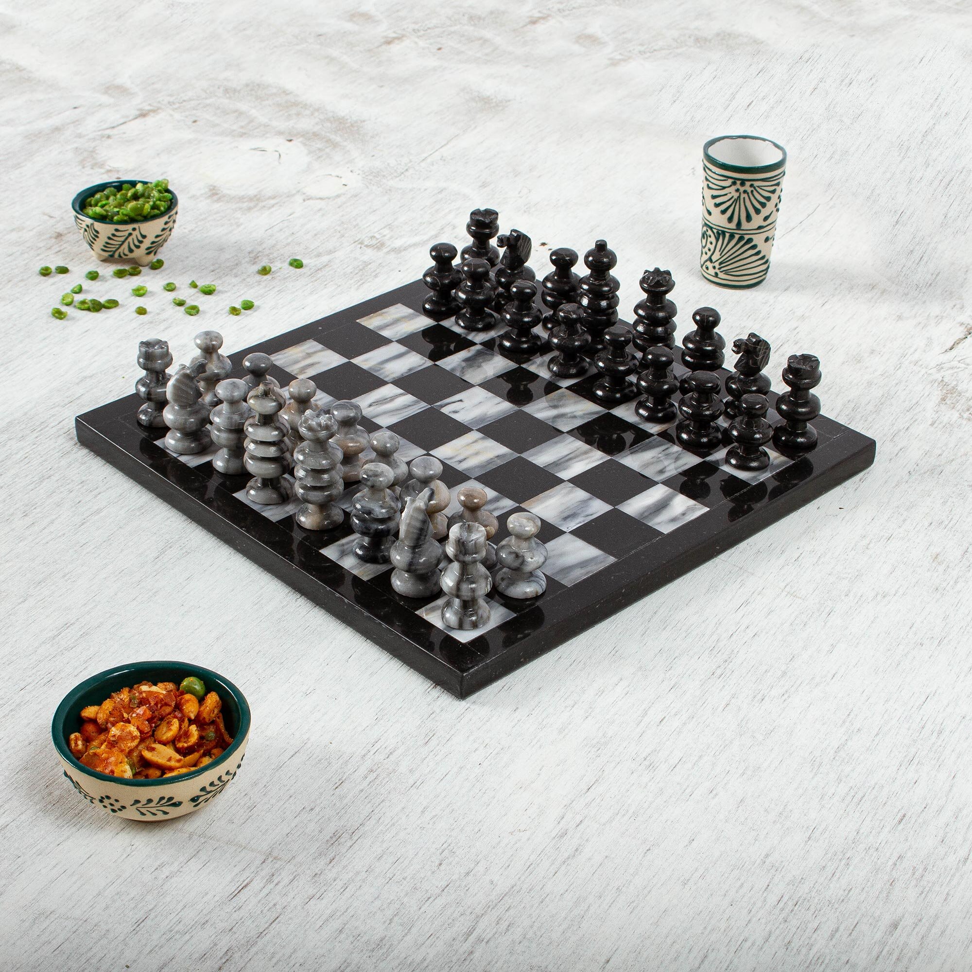 Black & Silver Marble Stone Chess Board Set