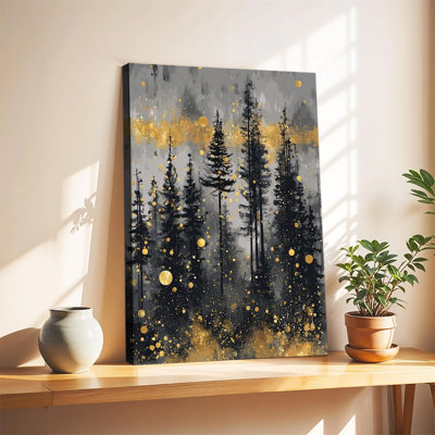 Forêt de pins sombres parsemée de paillettes dorées, peinture à l'huile abstraite, grand format, toile tendue sur châssis, idéale pour le salon ou la chambre.