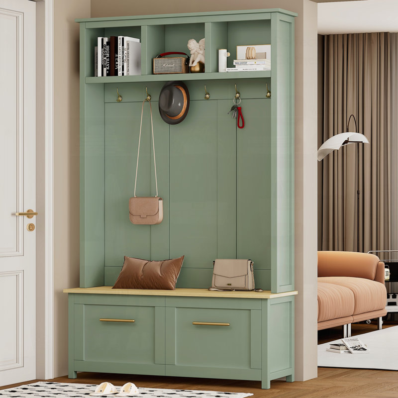 Arbre d'entrée 4-en-1 polyvalent avec 6 crochets dorés ON-TREND, banc en grain de bois avec plusieurs espaces de rangement, portemanteau d'entrée avec 2 tiroirs pour le salon, le couloir