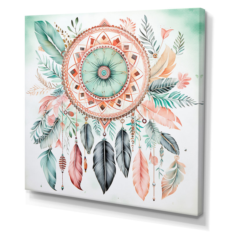 «Pastel Turquoise Boho Dreamcatcher I», reproduction d'art sur toile, H 24 po x l 24 po, Toile tendue