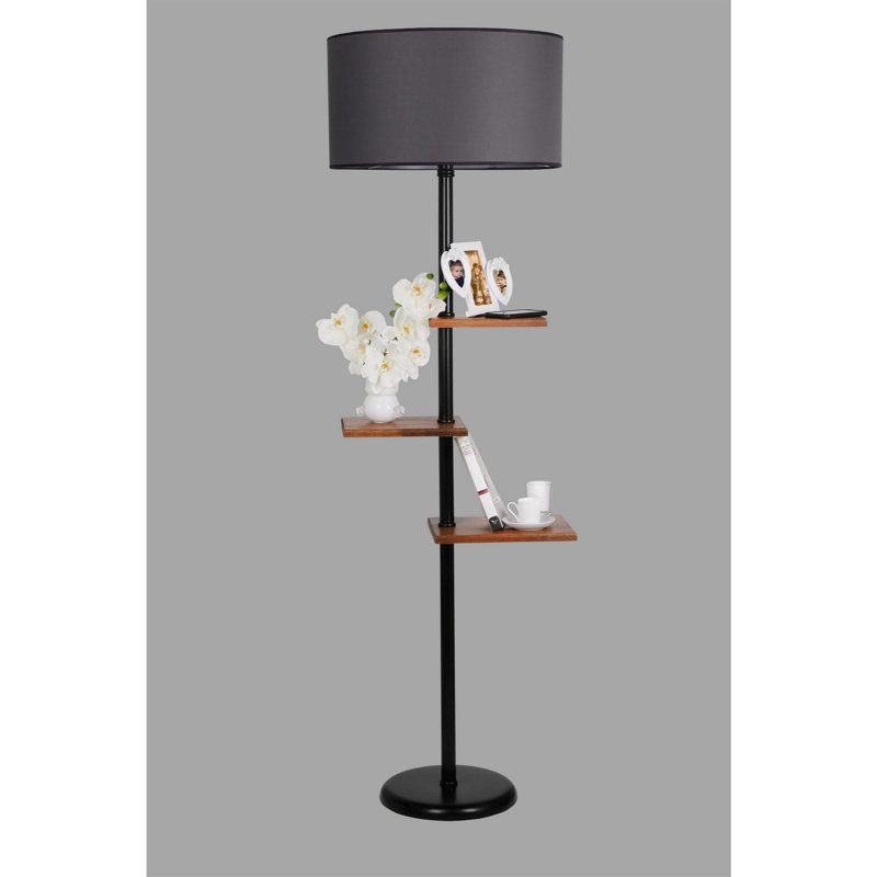 Luro Modern Floor Lamp with Metal Body & Wooden Shelves, 64.2 in Height | Fabric Cap (9.4 in Diameter) | Features 3 Shelves (11.8x9.1 in, 10.2x7.5 in, 9.8x6.3 in) | On/Off Switch, Stylish Black & Grey Design, Max 60W Socket