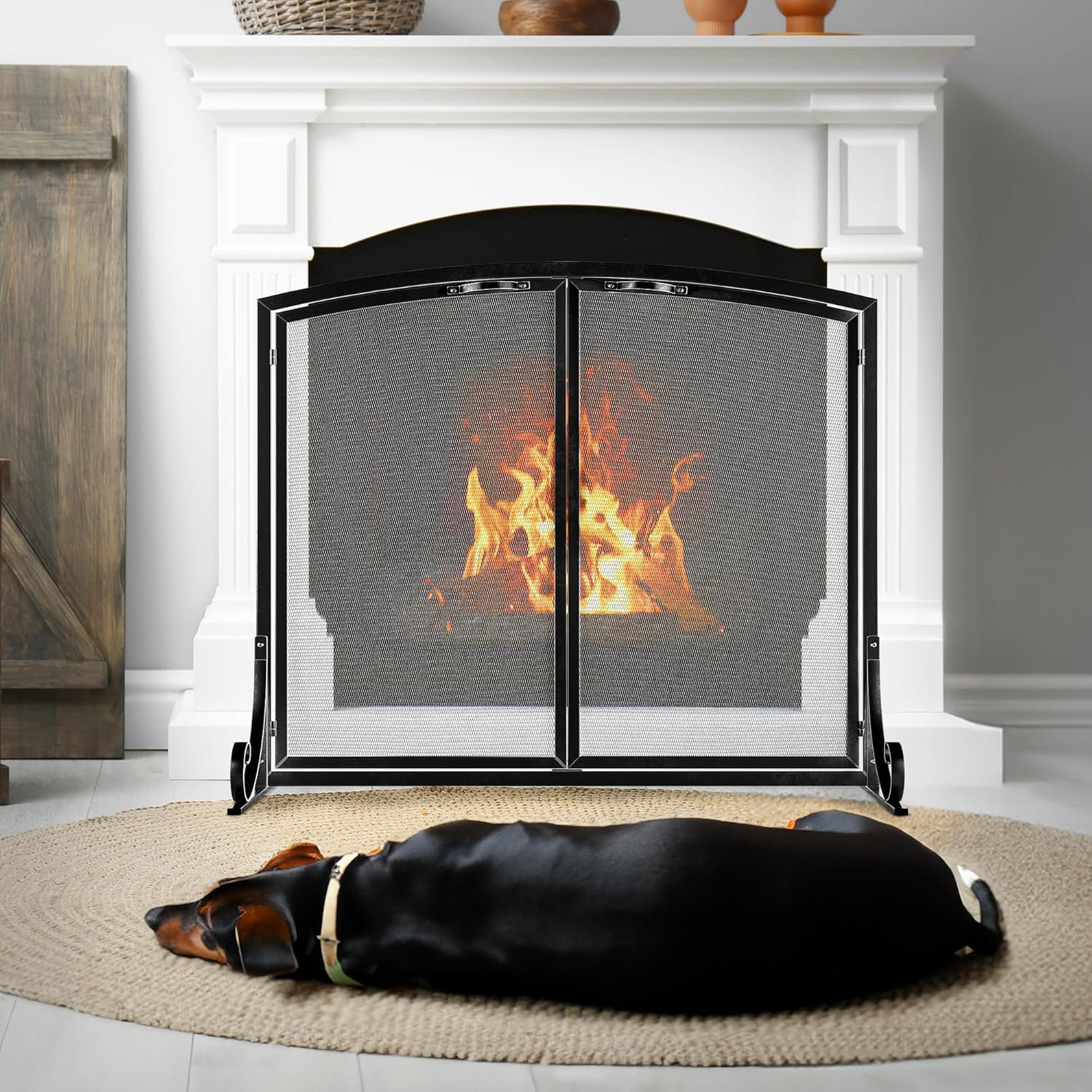 RsFiL Outdoor Fireplace Screen With Doors, Large Flat Guard Free Standing Metal Single Panel Spark Guard For Protect Baby Pet Safety, Tree Of Life Feito Na China - View #9