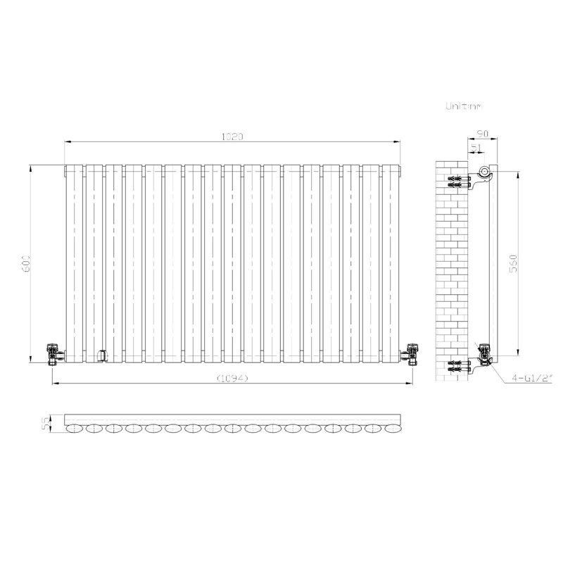 iBathUK Princia Horizontal Single Oval Panel Radiator, Grey, 600cm H x 1020cm W x 55cm D