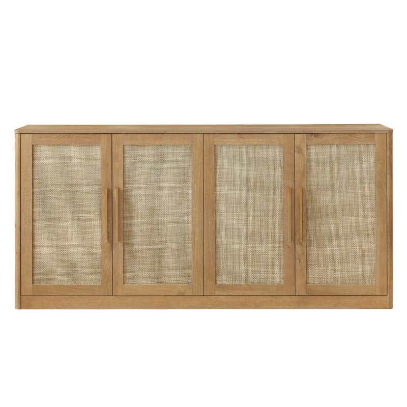 67" Rattan 4-Door Buffet Cabinet, Boho Sideboard, Large Credenza Sideboard Buffet For Living Room, Hallway And Kitchen, Caramel Oak, 67''W X 15.75''D X 31.5''H.