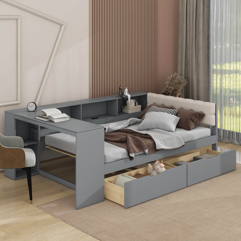 Lit plateforme avec tiroirs, tablettes de rangement, station de charge et tête de lit tapissier, Lit double, Gris