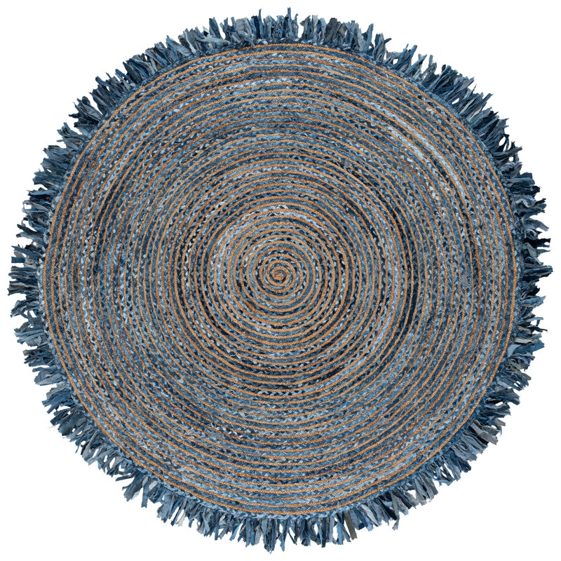 Abhay Hand Woven Cotton/Jute Rug in Ivory/Denim, Round 8'