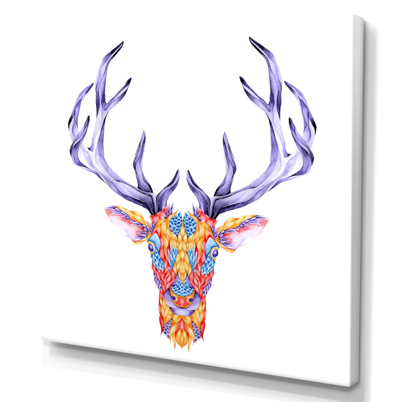 Tête de cerf multicolore, H 16 po x l 16 po x P 1 po, Toile tendue