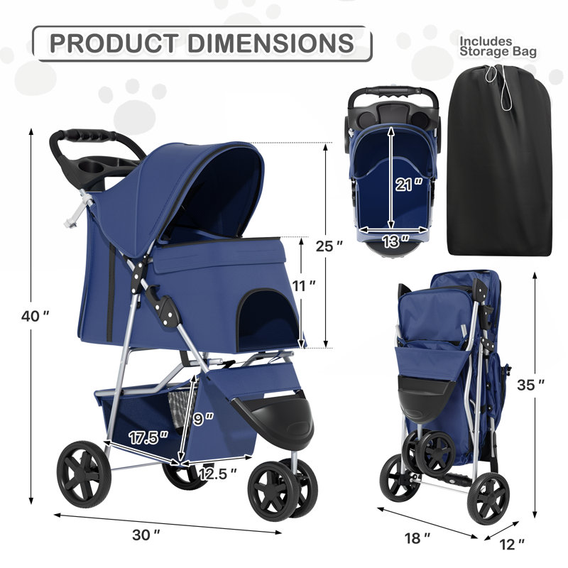 Foldable Pet Stroller, 3 Wheels Folding Carrier Jogger Stroller for Dogs Cats with Canopy and DIY Stickers, Navy Blue