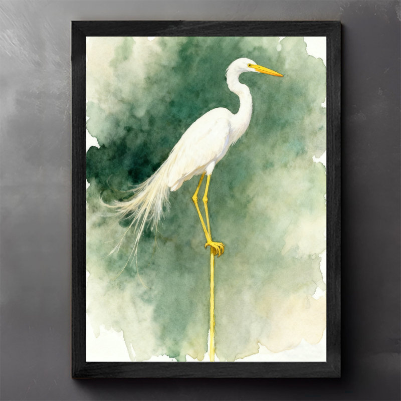 Aigrette blanche rétro encadrée noire - élégance et beauté naturelle, impressions murales de style rétro, H 17 po x l 13 po