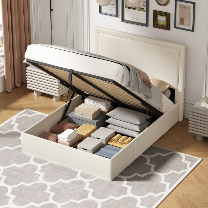 Lit de rangement rembourré hydraulique Yamada, Beige, Grand