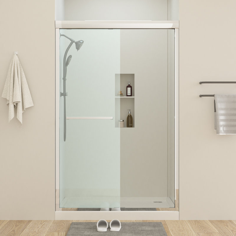 Porte de douche coulissante demi-cadre l 48 po x H 76 po, porte de douche en verre trempé transparent de 8 mm à ajustement réglable