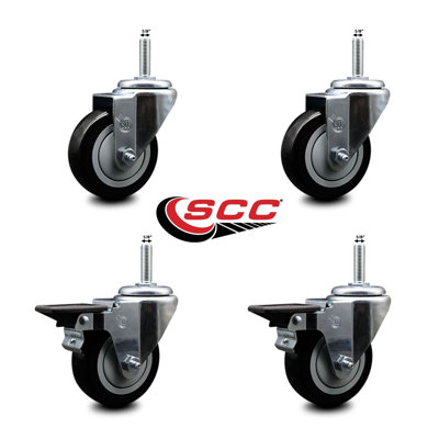 3.5 Inch_ Poly Wheel Swivel 5/8 Inch Threaded Stem Caster Set 2 Brakes