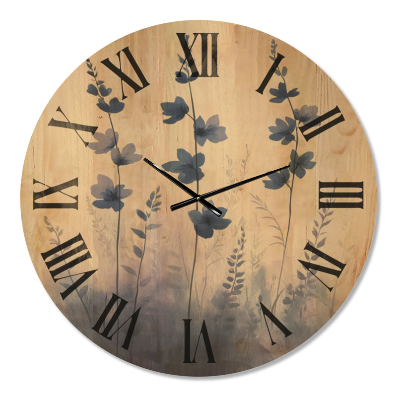 Horloge murale ronde « Prairie de fleurs sauvages bleues » de style cottage, imprimée sur bois massif, Très grand