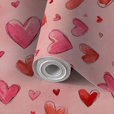 Papier peint auto-adhésif pour enfants, papier peint à la main, cœur rouge, rose, mignon, auto-adhésif et amovible 17,7 po x 118 po (45 x 300 cm)