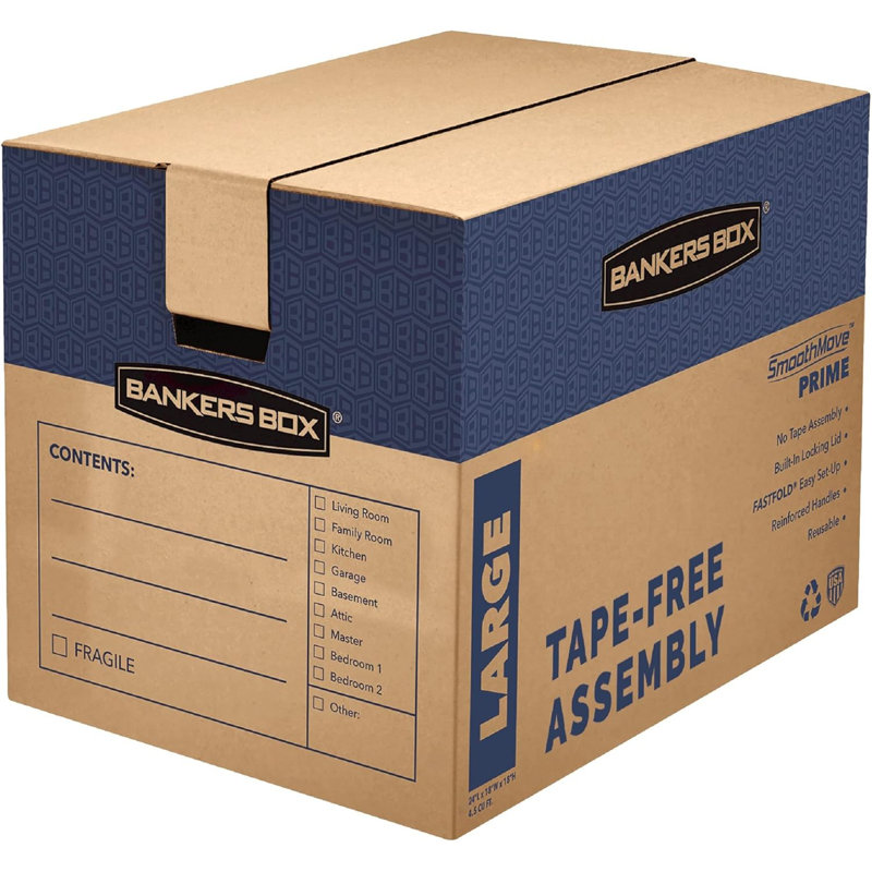 Large Prime Moving Box 6 Pack, Reinforced Handles, Tape-Free Assembly, Attached Lid
