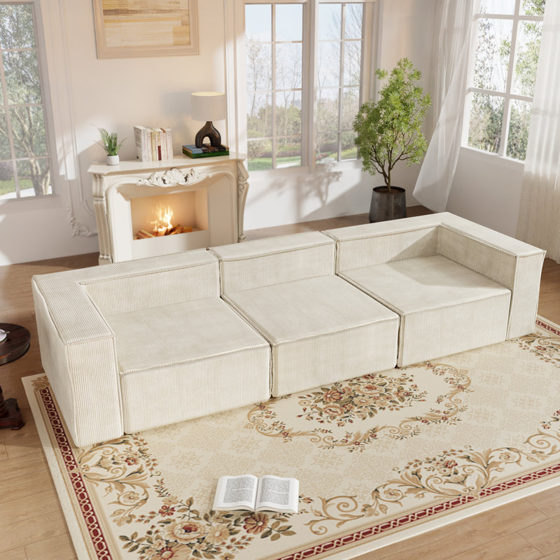 Canapé à compression 108 po en velours côtelé moderne sans assemblage requis, Beige