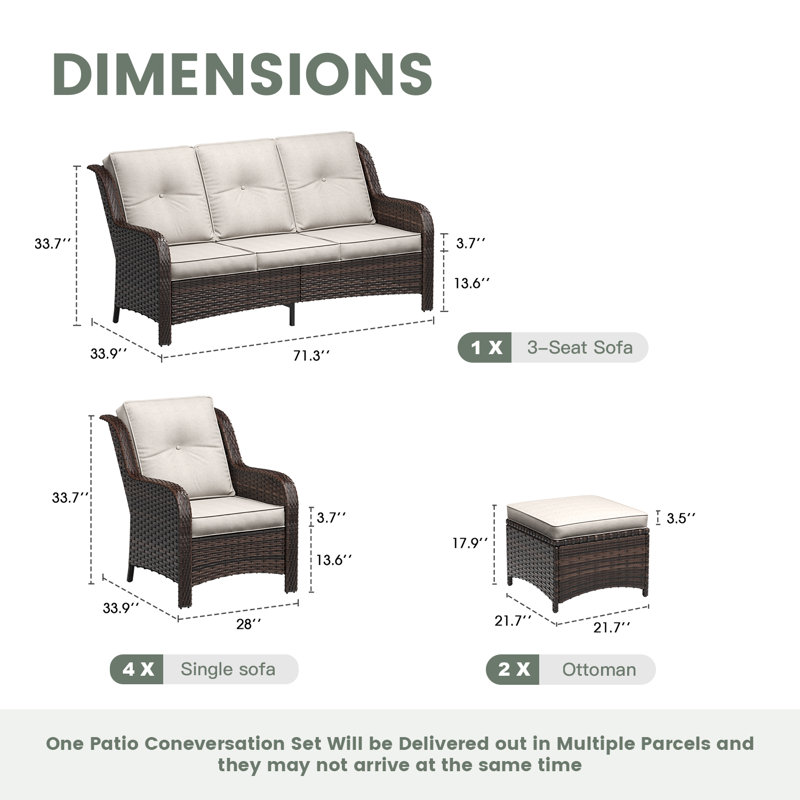 7-Person Patio Wicker Conversation Set with Cushions, 3 Seats Sofa, 4 Armrest Chairs and Ottomans, Sand/Brown