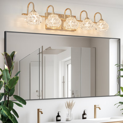 Luminaire de salle de bain moderne en cristal 29 po, applique murale dorée à 5 lumières avec abat-jour en verre transparent, éclairage mural élégant pour salle de bain, salle d'eau ou miroir de meuble-lavabo