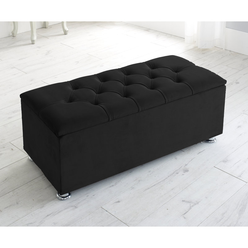 Carterlee 105cm Wide Velvet Tufted Rectangle Solid Colour Ottoman with Storage, Black