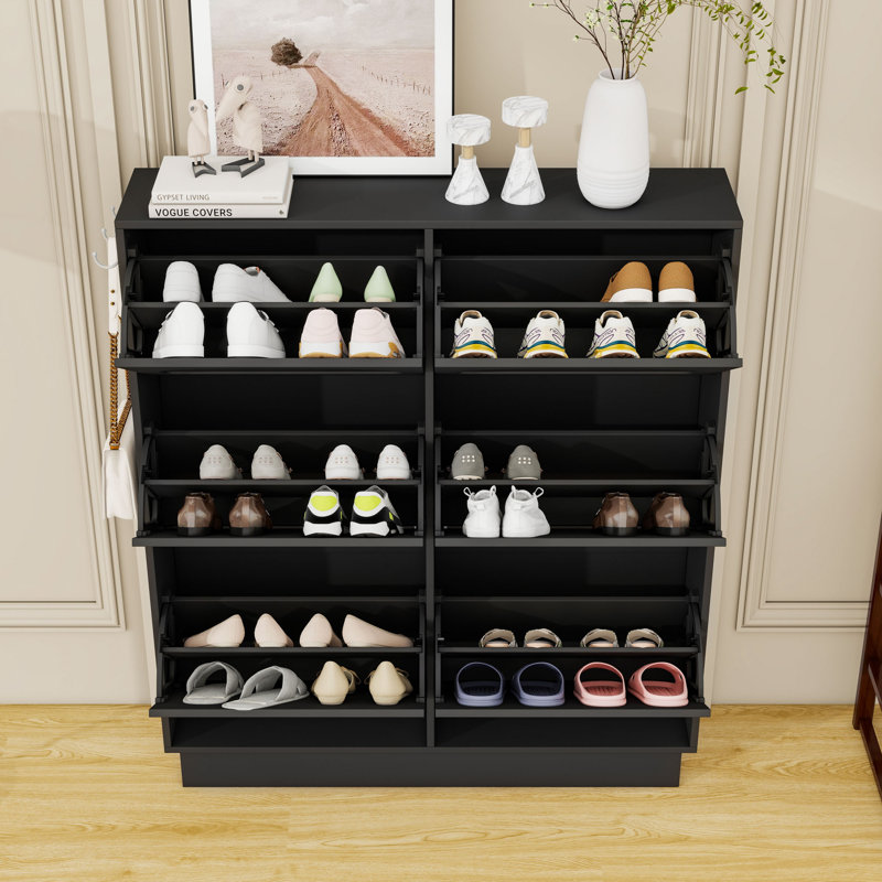 Armoire à chaussures moderne, 6 tiroirs rabattables, rangement réglable et crochets, Noir