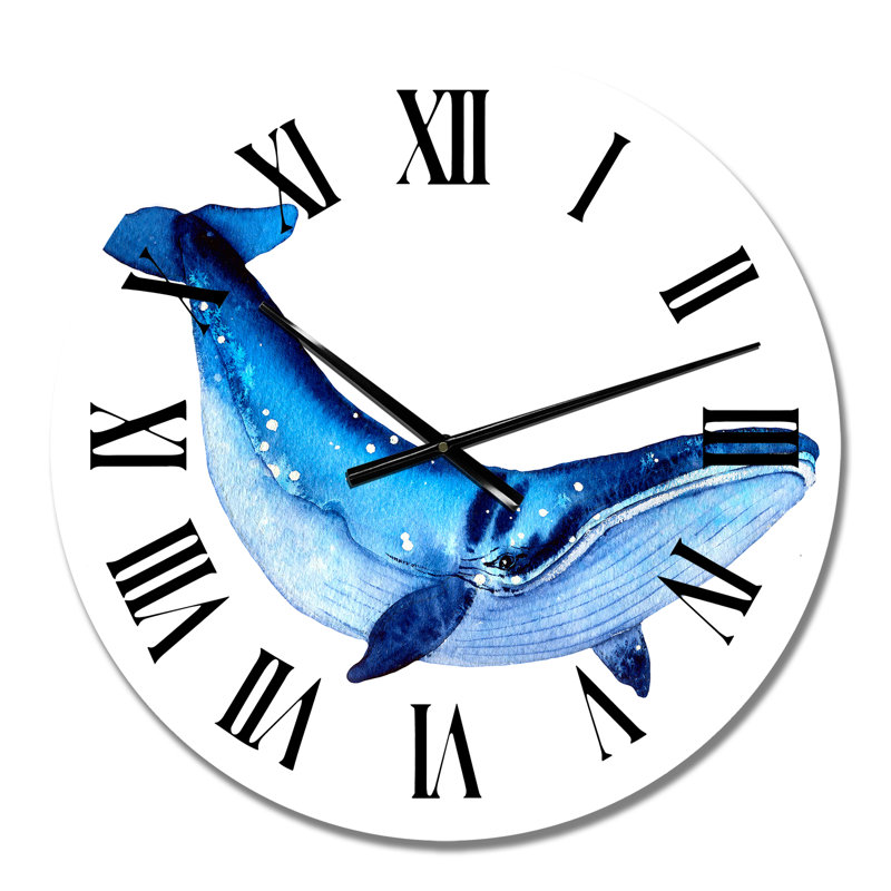 Baleine bleue sur fond blanc I - Horloge murale nautique et côtière, Moyen