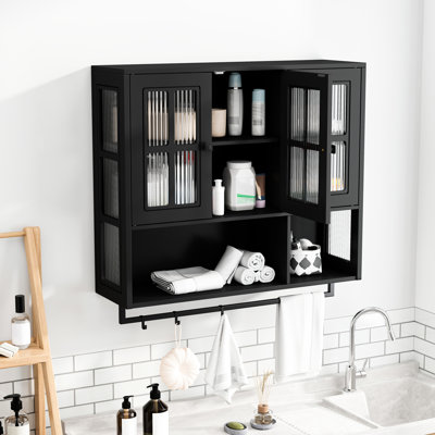 Armoire murale noire à 3 portes pour salle de bain, vestibule et salle à manger - minimaliste moderne, + verre trempé, porte en verre, porte-serviettes de style vivant, bar inclus