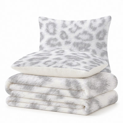 Ensemble de couverture légère en flanelle de qualité supérieure et 2 taies décoratives avec texture de fourrure à imprimé léopard blanc et gris, ensemble de literie confortable ultra-douce et chaude pour toutes saisons, couverture de 60 po x 80 po + 2 taies d'oreiller anti-boulochage et lavables à la machine (ensemble de 3 ))
