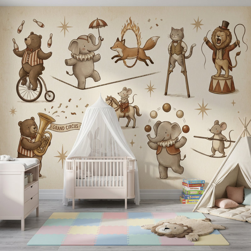 Papier peint mural de style cirque, illustration vintage d'un livre d'histoires., 180"x120", Peel and Stick