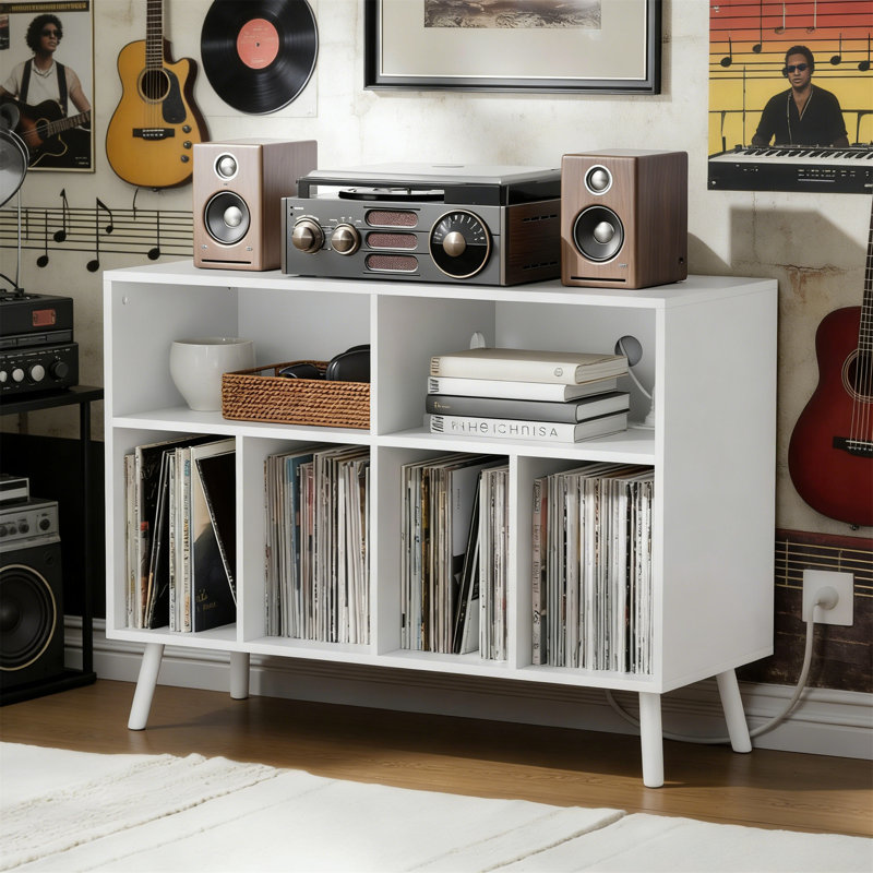 Wood Record Player Stand With Vinyl Storage Cabinet For Up To 350 Albums, White, White