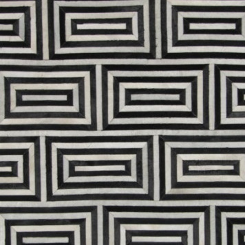 Area Cowhide Geometric Area Rug in Black/Off White/Cream, Square 9'