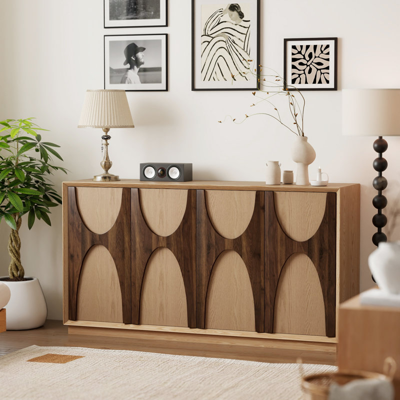 59.69" Modern Sideboard – 2-Inch Classic arched solid wood doors with a retro feel, Black, No